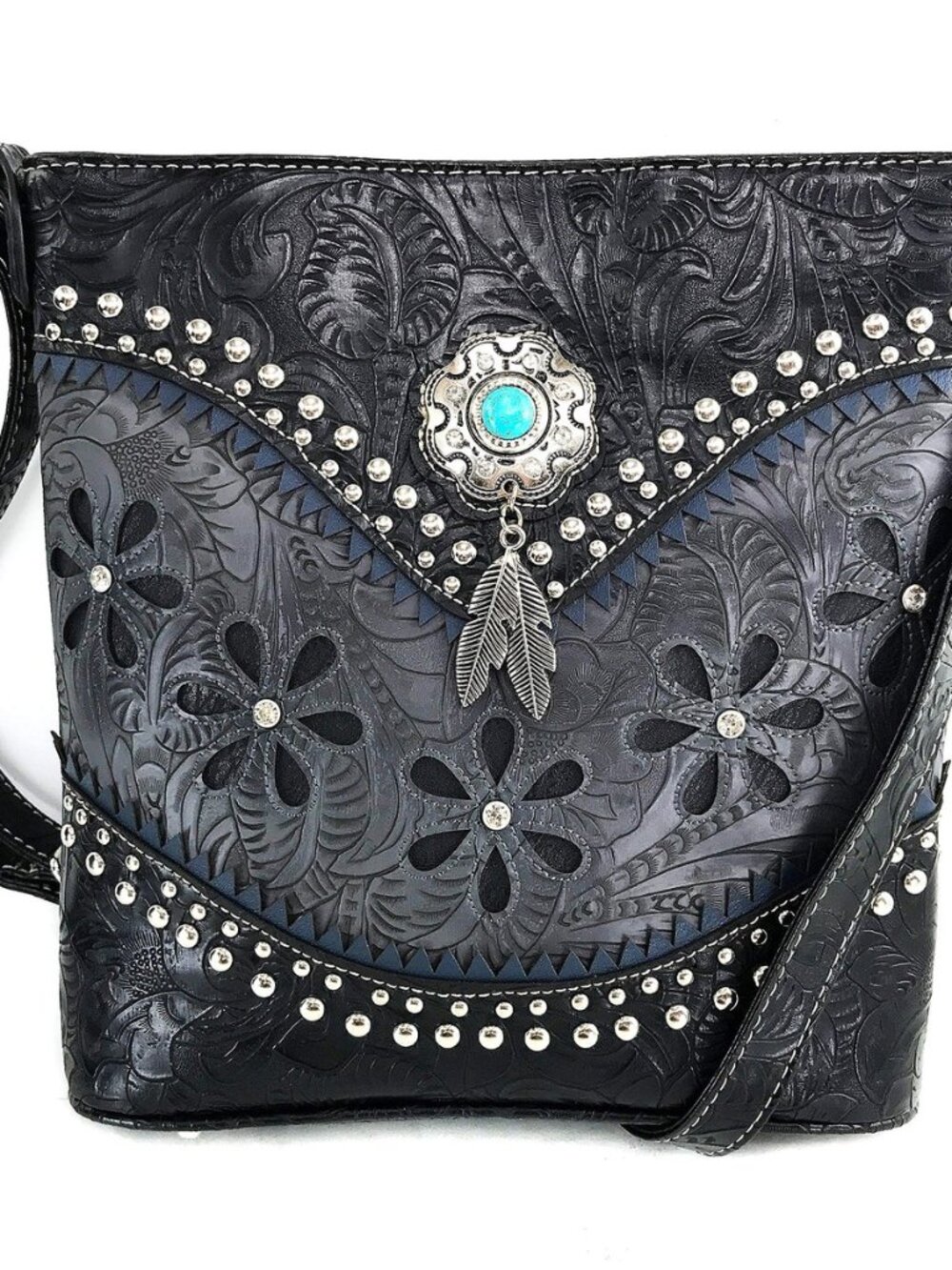 Floral Western Pu Tooled Leather Turquoise Concho Feathers Women Concealed Carry